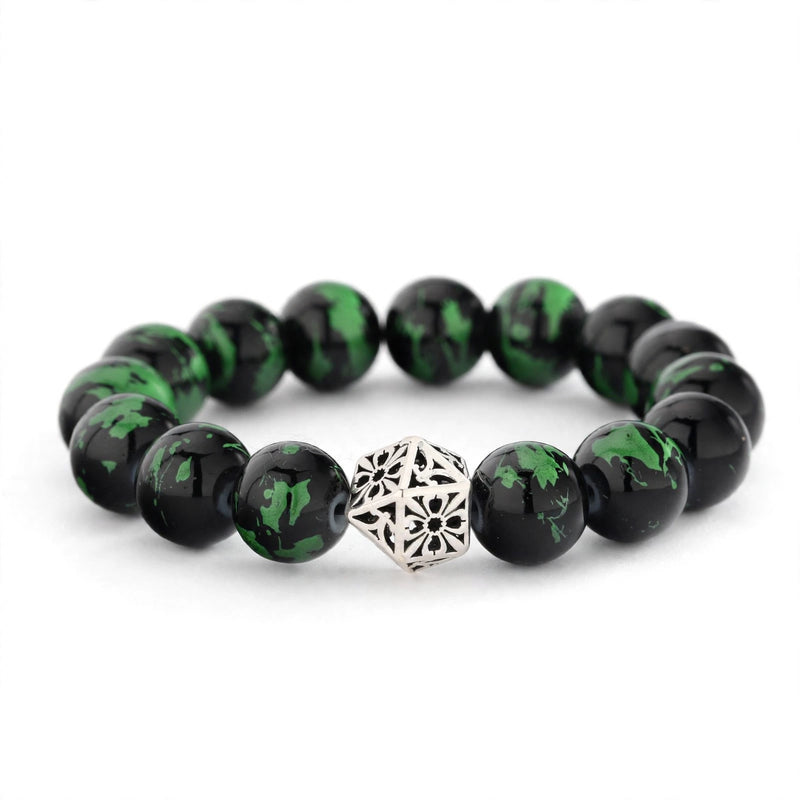 Black and Green Bead Bracelet with Openwork Silver-Tone Bead