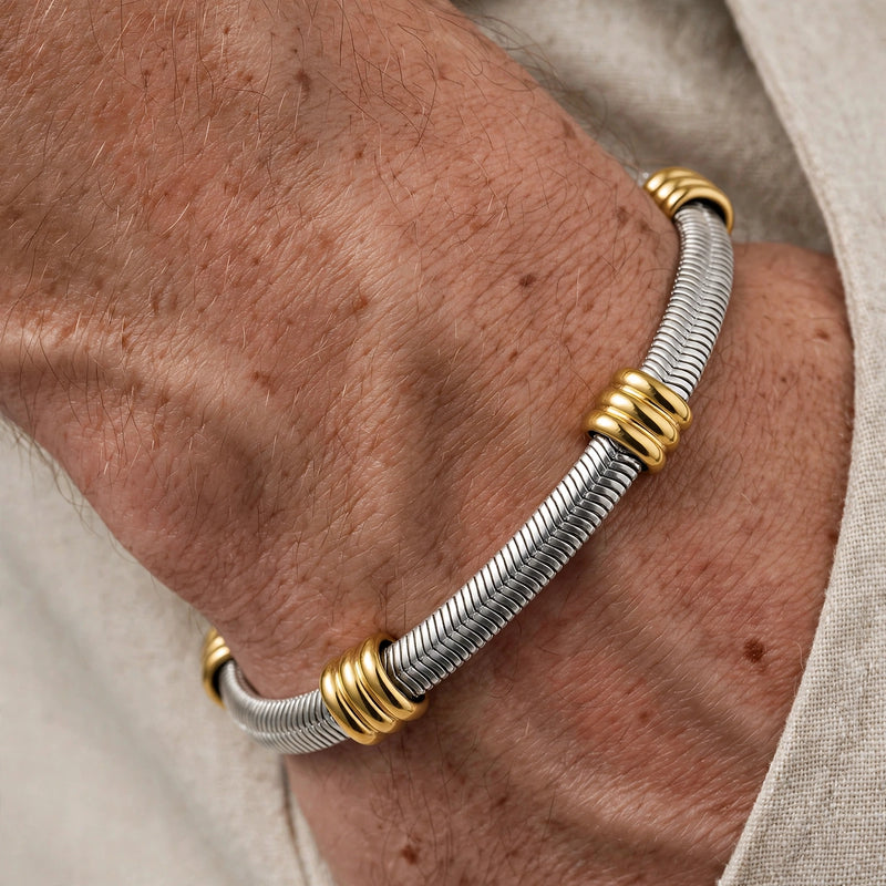 Silver-Tone Snake Chain Bracelet With Triple Gold-Tone Ring Accents