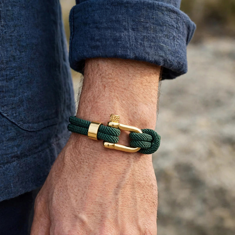 Dark Green Cord Bracelet with Gold-Tone Shackle Clasp