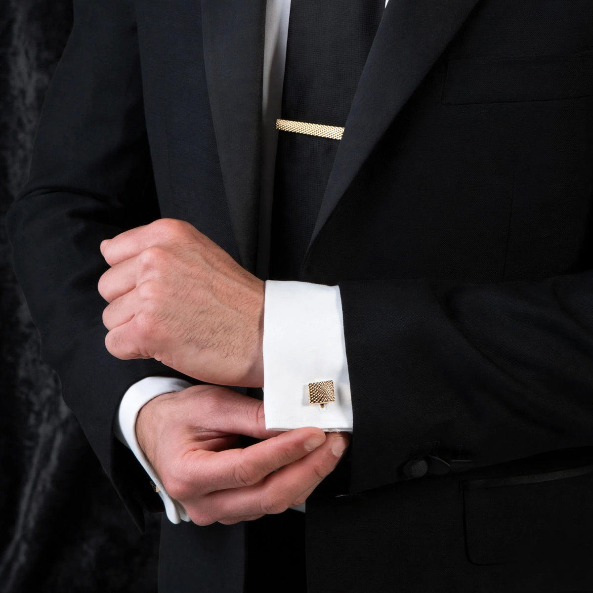 Gold-Tone Pyramid-Textured Cufflink and Tie Clip Set