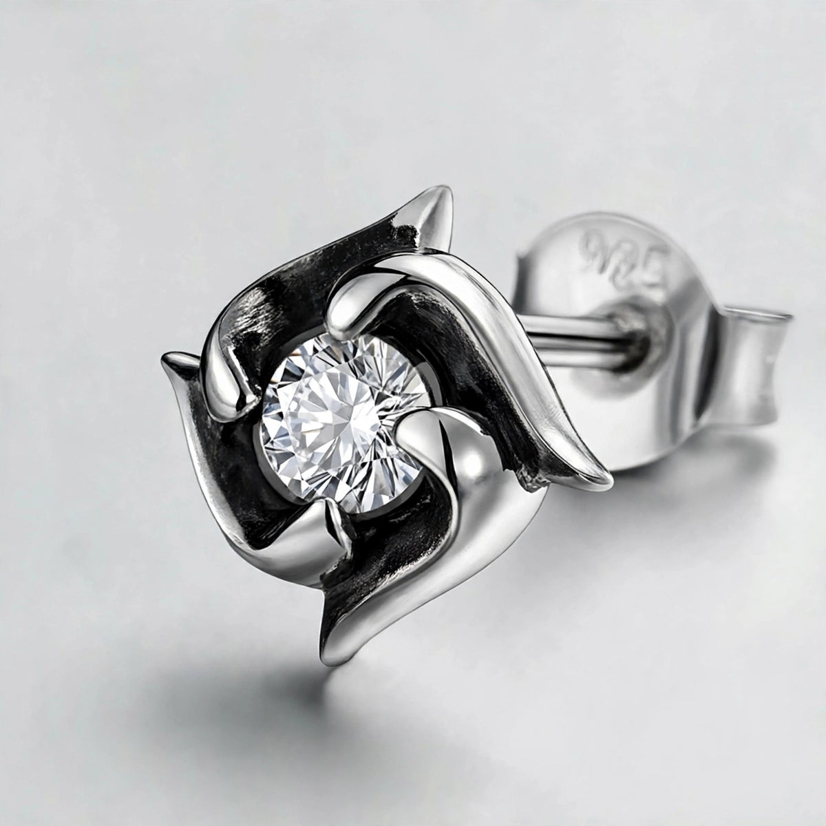 Oxidised Pinwheel Stud Earring with White Stone