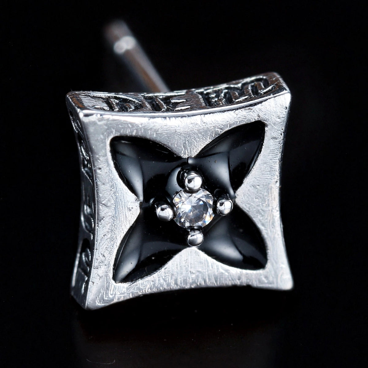 Silver-Tone Stud Earrings with Black Enamel Inlay - close-up detail