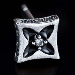 Silver-Tone Stud Earrings with Black Enamel Inlay - close-up detail