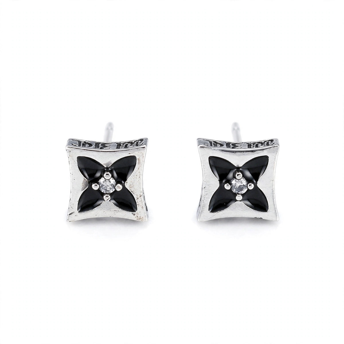 Silver-Tone Stud Earrings with Black Enamel Inlay - main product image