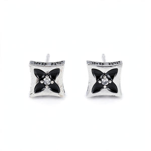 Silver-Tone Stud Earrings with Black Enamel Inlay - main product image