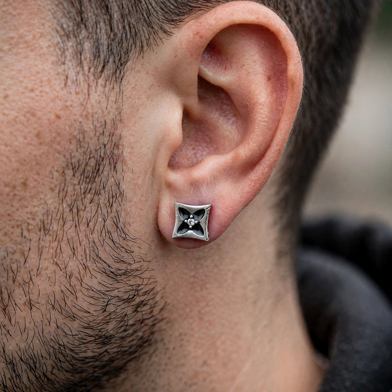 Silver-Tone Stud Earrings with Black Enamel Inlay - worn on model
