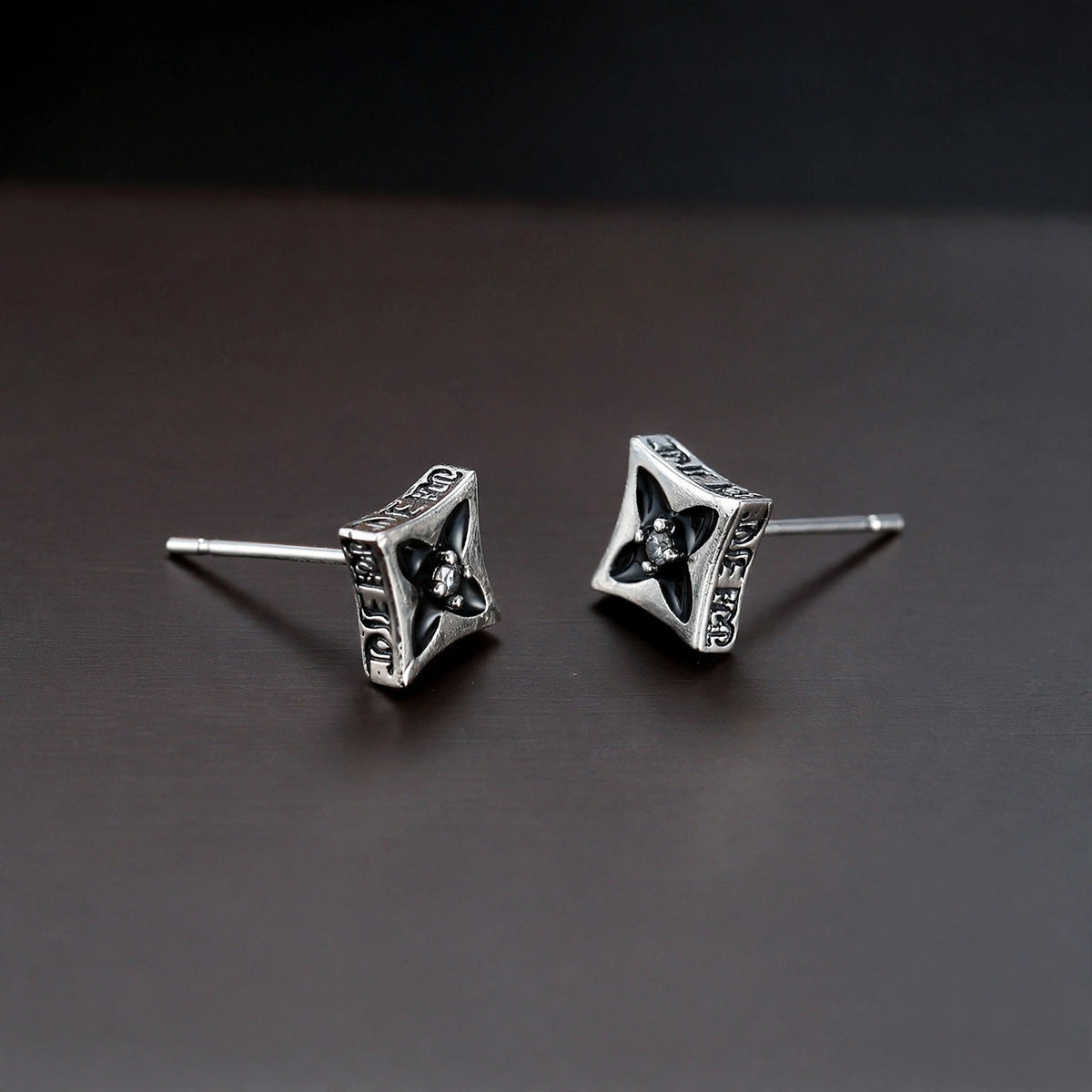 Silver-Tone Stud Earrings with Black Enamel Inlay - side angle