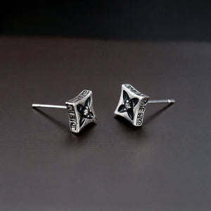 Silver-Tone Stud Earrings with Black Enamel Inlay - side angle