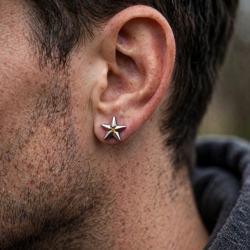 Star Stud Earrings with Gold-Tone Center - worn on model