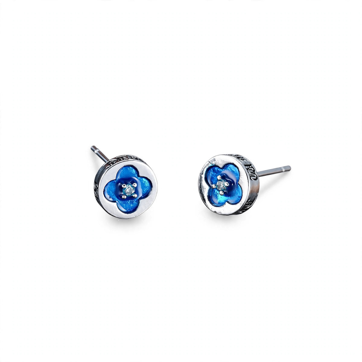 Silver-Tone Blue Enamel Flower Stud Earrings - main product image
