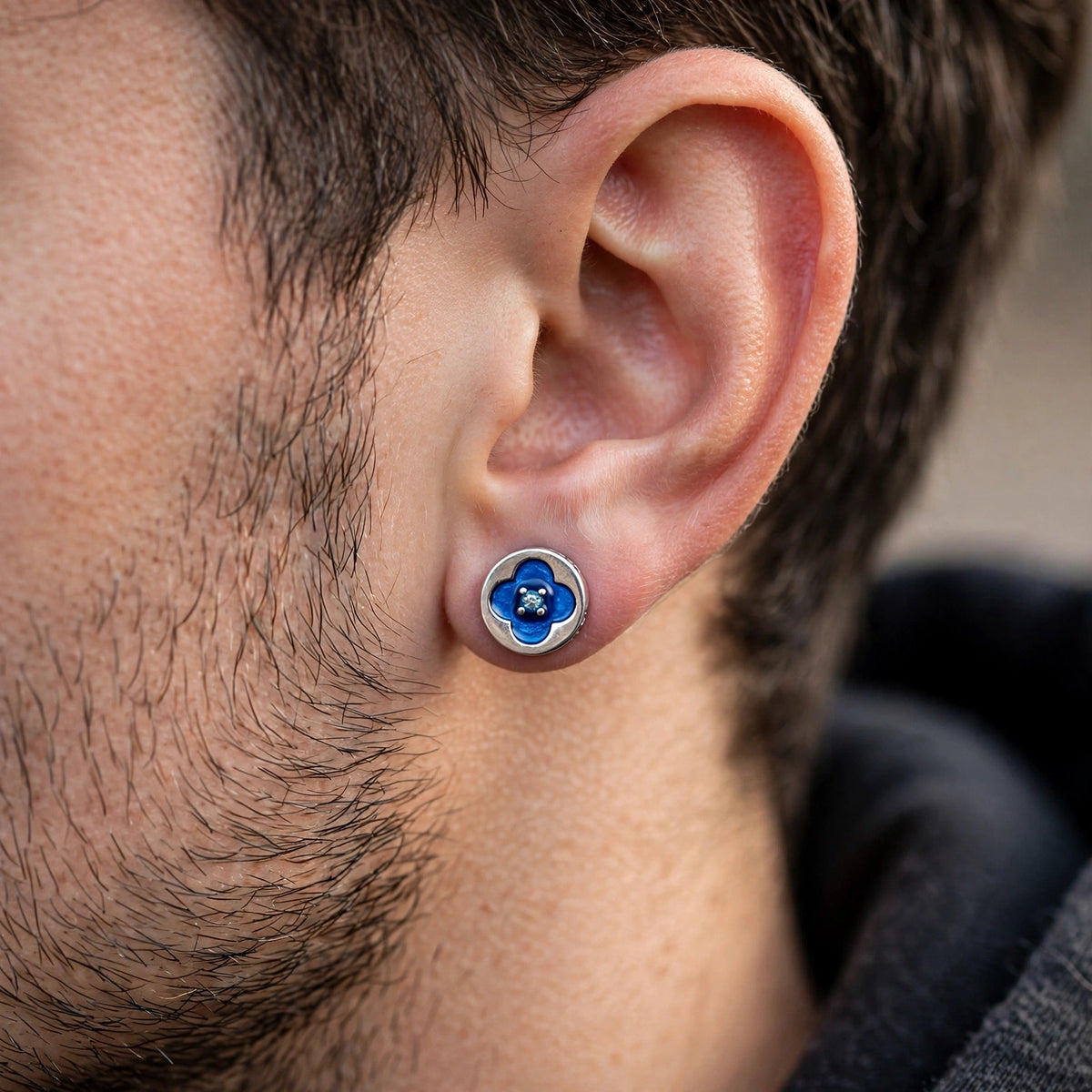 Silver-Tone Blue Enamel Flower Stud Earrings - worn on model