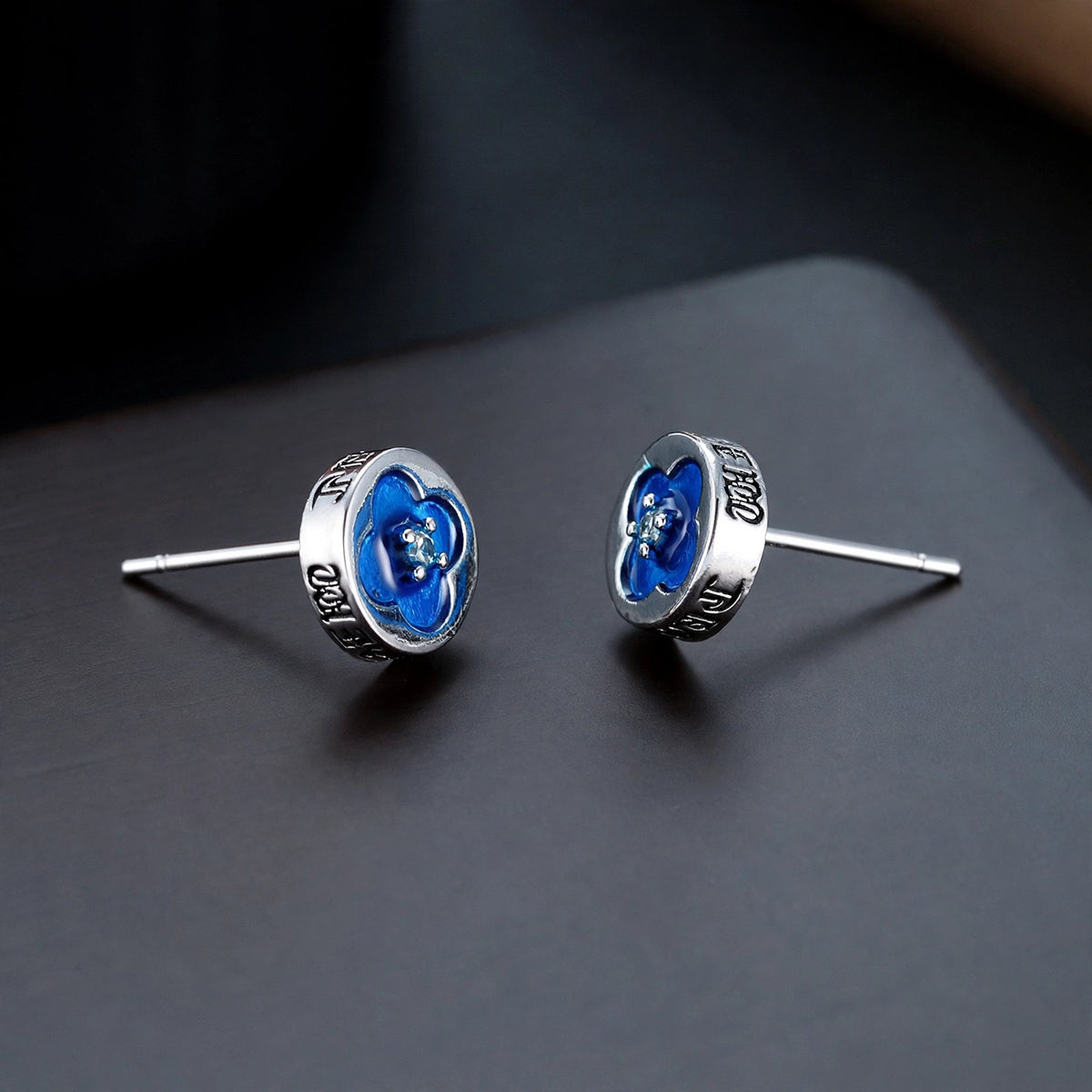 Silver-Tone Blue Enamel Flower Stud Earrings - side angle