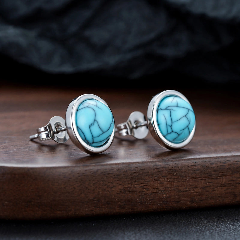 Turquoise Stone Stud Earrings with Polished Silver-Tone Border - side angle