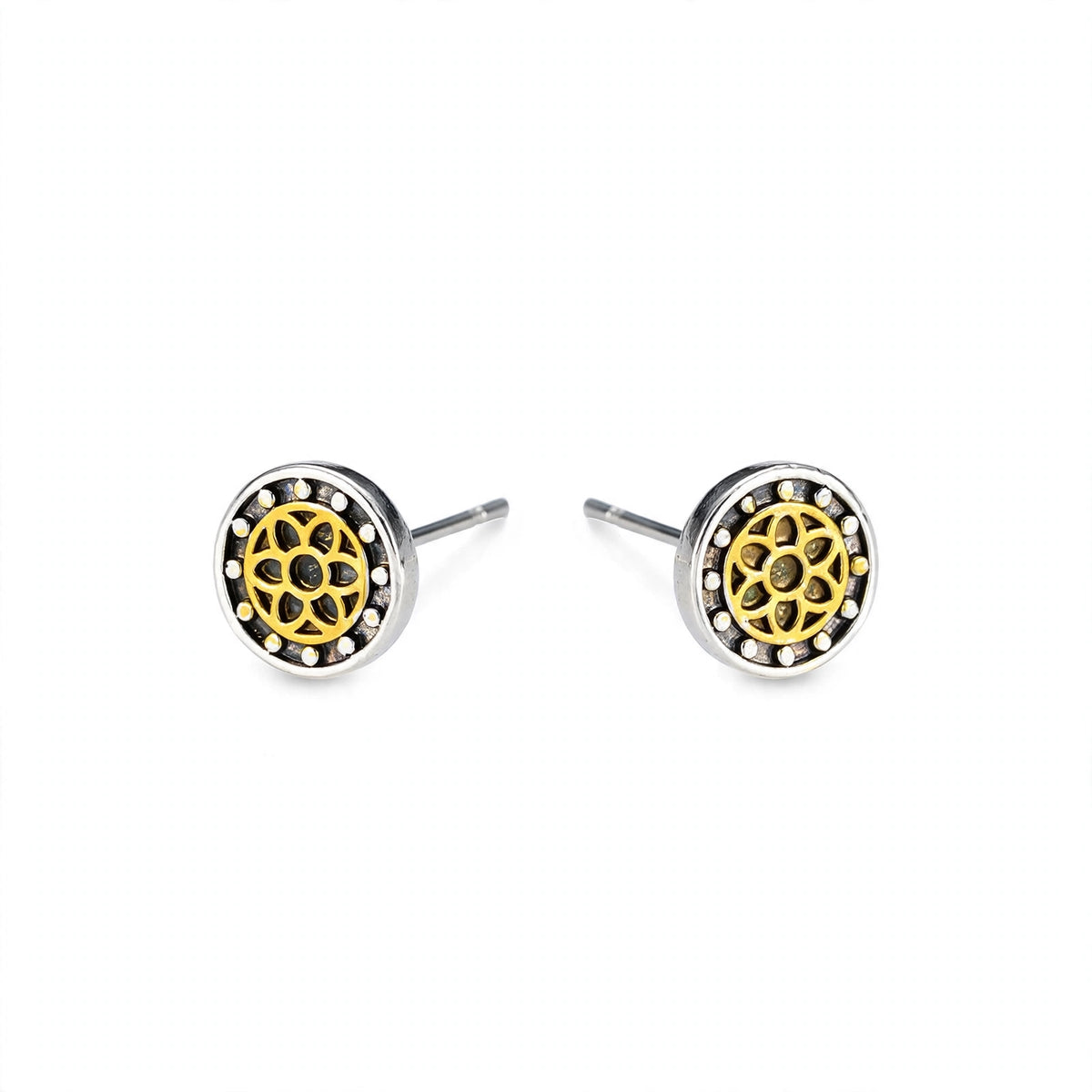 Steel Stud Earrings with Gold-Tone Floral Inlay - main product image