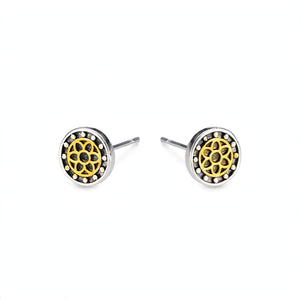 Steel Stud Earrings with Gold-Tone Floral Inlay - main product image