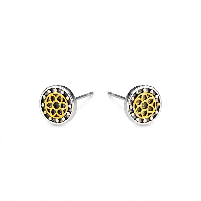 Steel Stud Earrings with Gold-Tone Floral Inlay - main product image