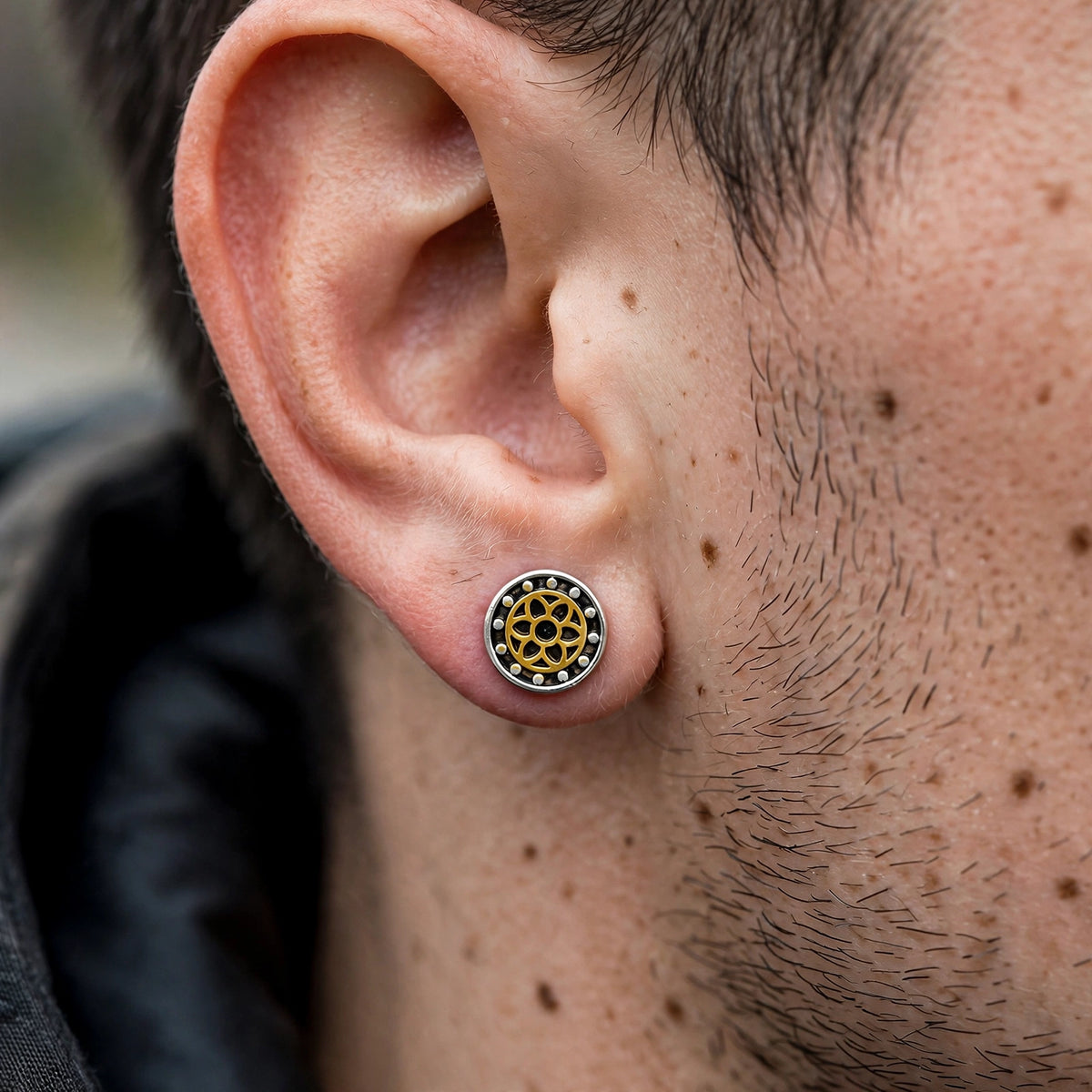 Steel Stud Earrings with Gold-Tone Floral Inlay - worn on model