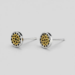 Steel Stud Earrings with Gold-Tone Floral Inlay - side angle