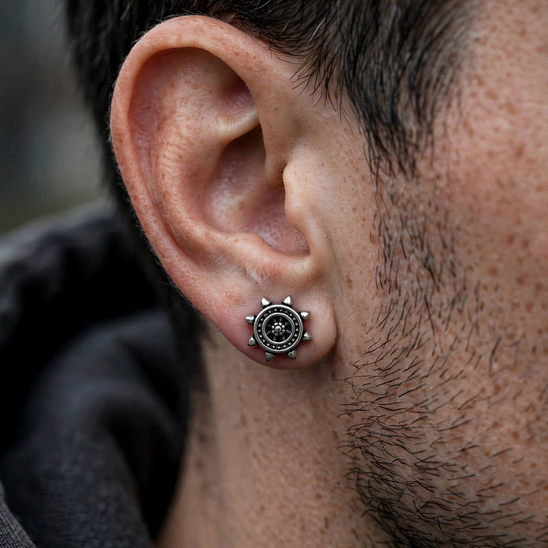 Men's Stud Earrings with Oxidised Finish and Studded Rim - worn on model