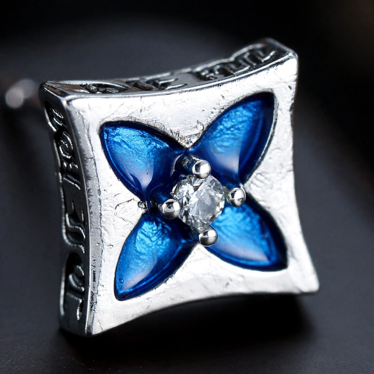 Silver-Tone Square Stud Earrings with Blue Enamel Flower - close-up detail