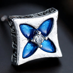 Silver-Tone Square Stud Earrings with Blue Enamel Flower - close-up detail