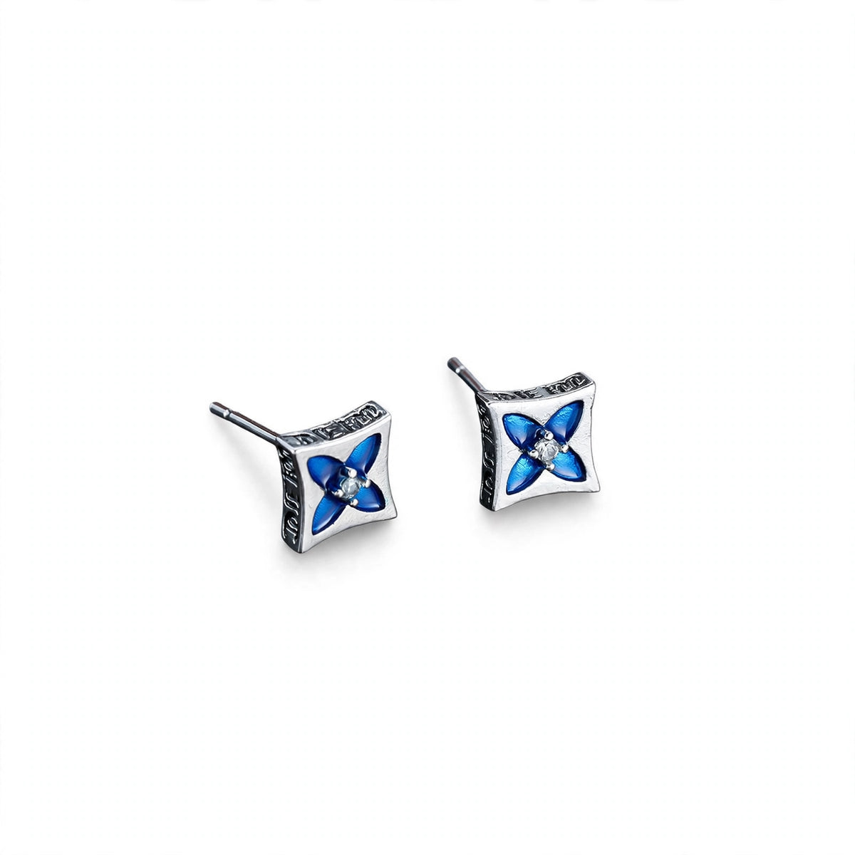 Silver-Tone Square Stud Earrings with Blue Enamel Flower - main product image