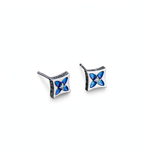 Silver-Tone Square Stud Earrings with Blue Enamel Flower - main product image