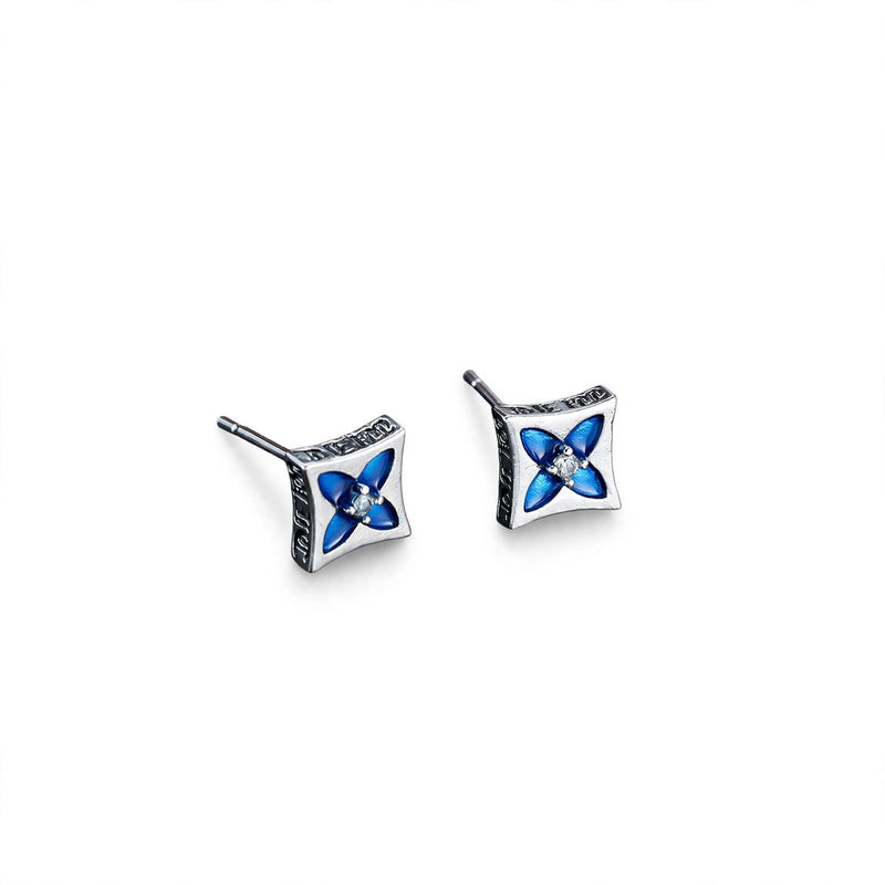 Silver-Tone Square Stud Earrings with Blue Enamel Flower - main product image