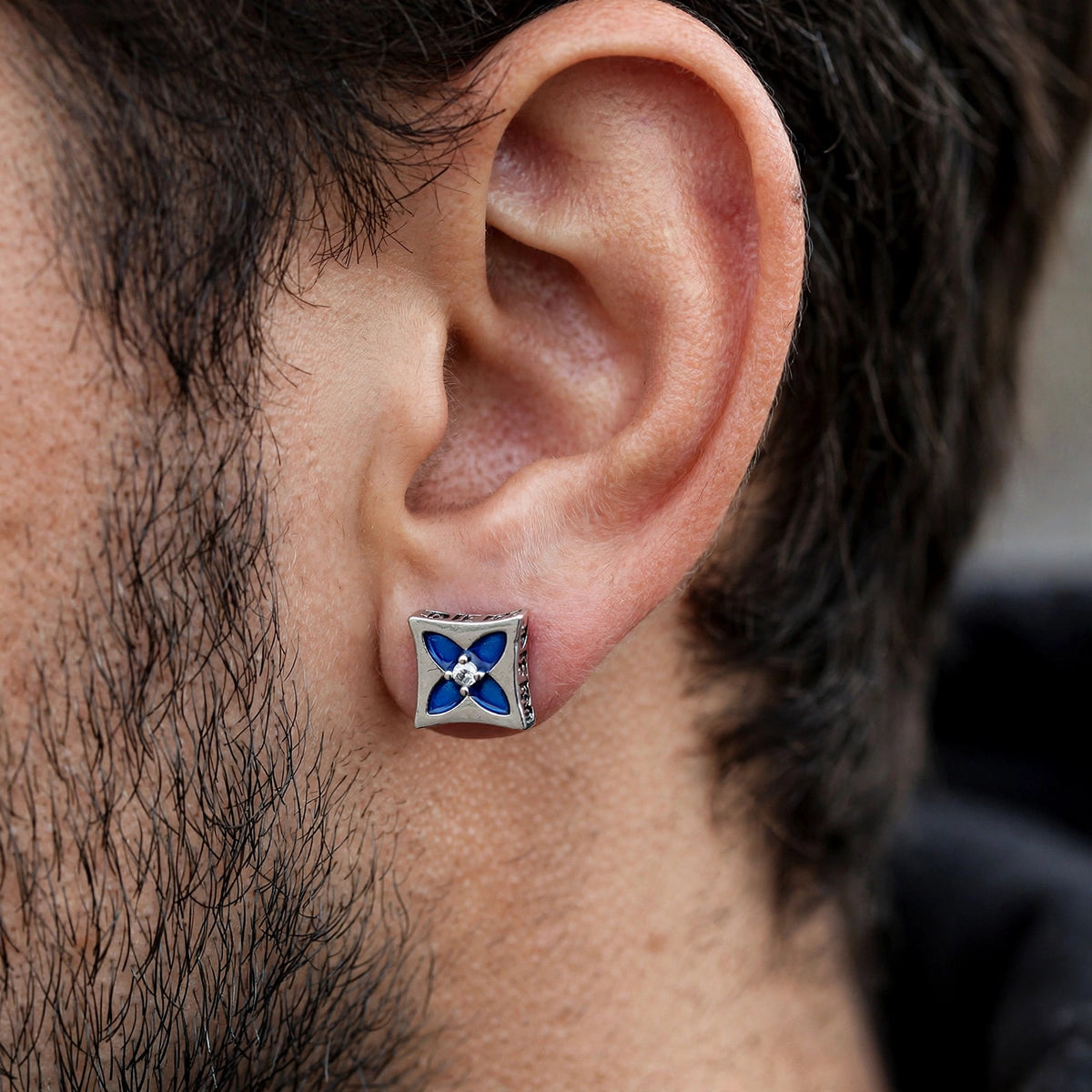 Silver-Tone Square Stud Earrings with Blue Enamel Flower - worn on model