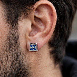 Silver-Tone Square Stud Earrings with Blue Enamel Flower - worn on model