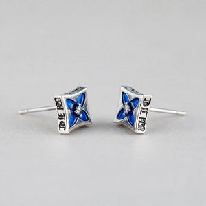 Silver-Tone Square Stud Earrings with Blue Enamel Flower - side angle