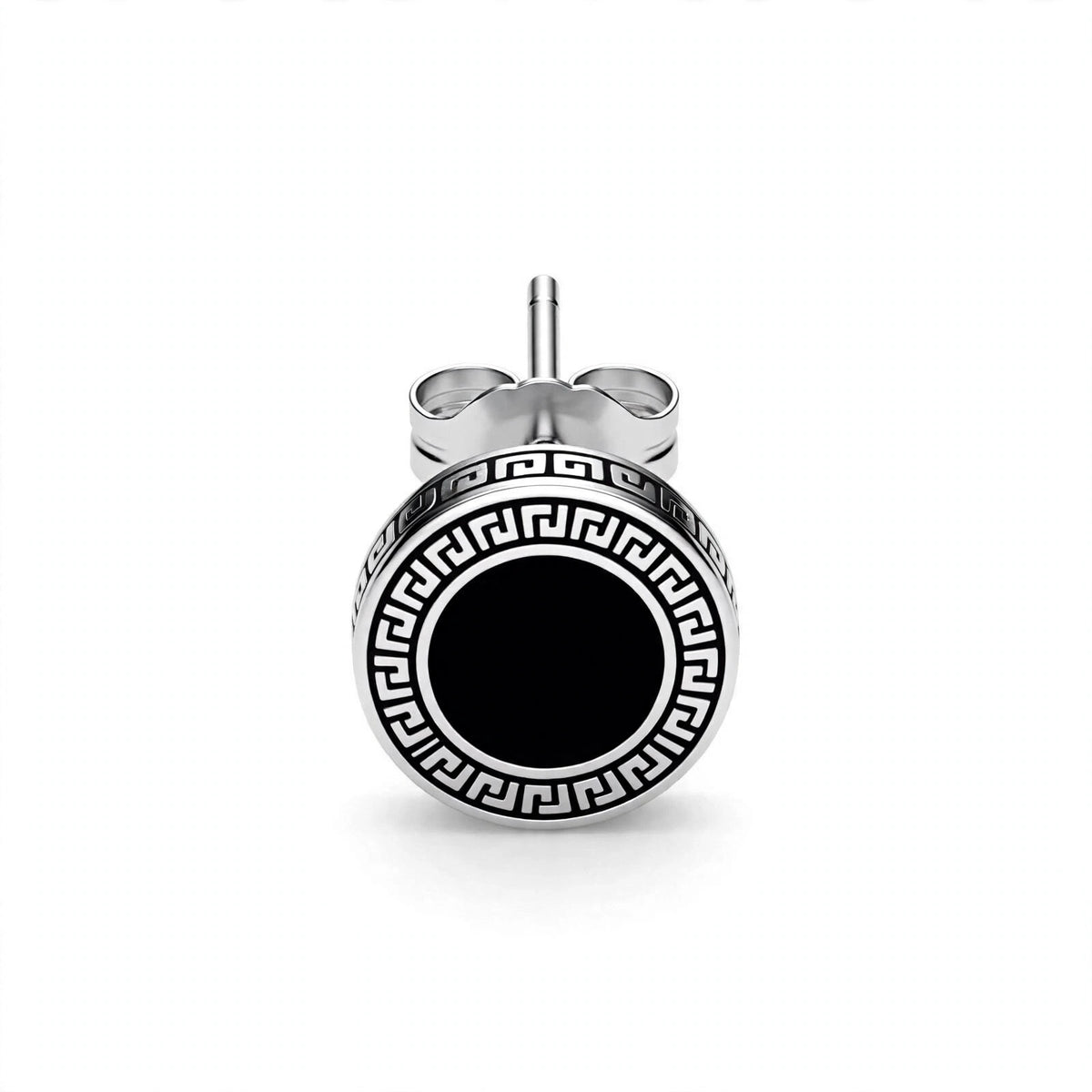 Silver-Tone Stud Earring with Black Inlay and Greek Key Border - main product image