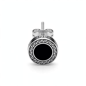 Silver-Tone Stud Earring with Black Inlay and Greek Key Border - main product image