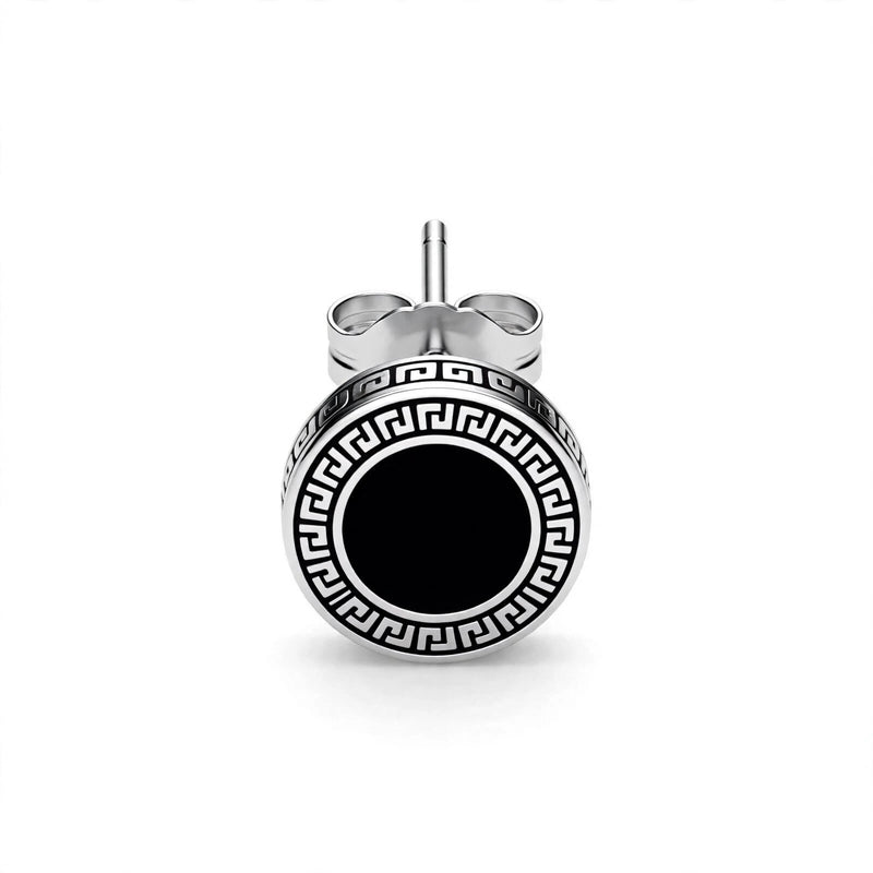 Silver-Tone Stud Earring with Black Inlay and Greek Key Border - main product image