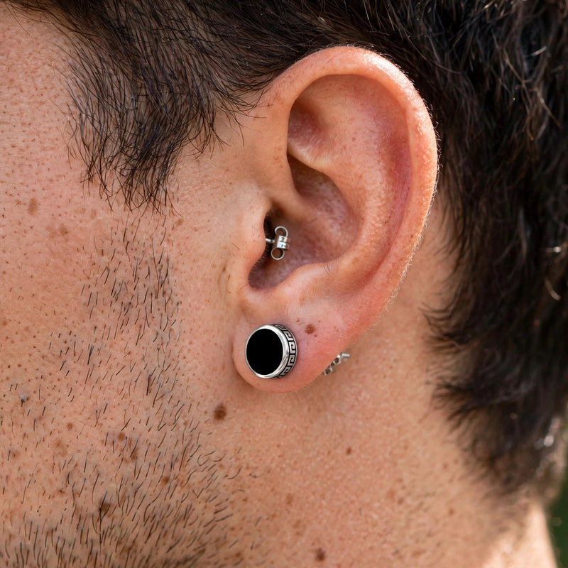 Silver-Tone Stud Earring with Black Inlay and Greek Key Border - worn on model