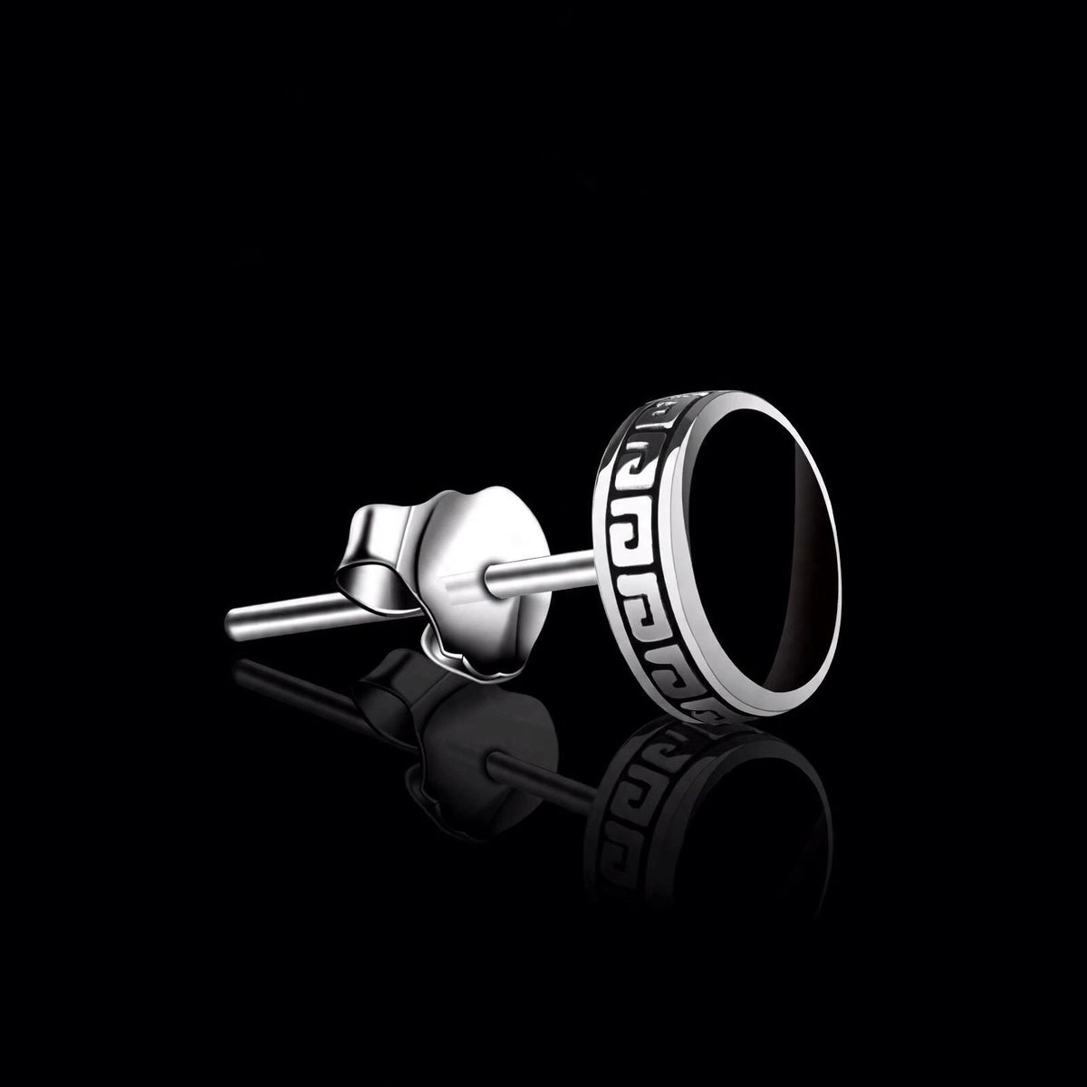 Silver-Tone Stud Earring with Black Inlay and Greek Key Border - side angle