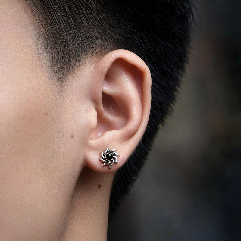 Silver-Tone Sunburst Stud Earring with Black Stone - worn on model