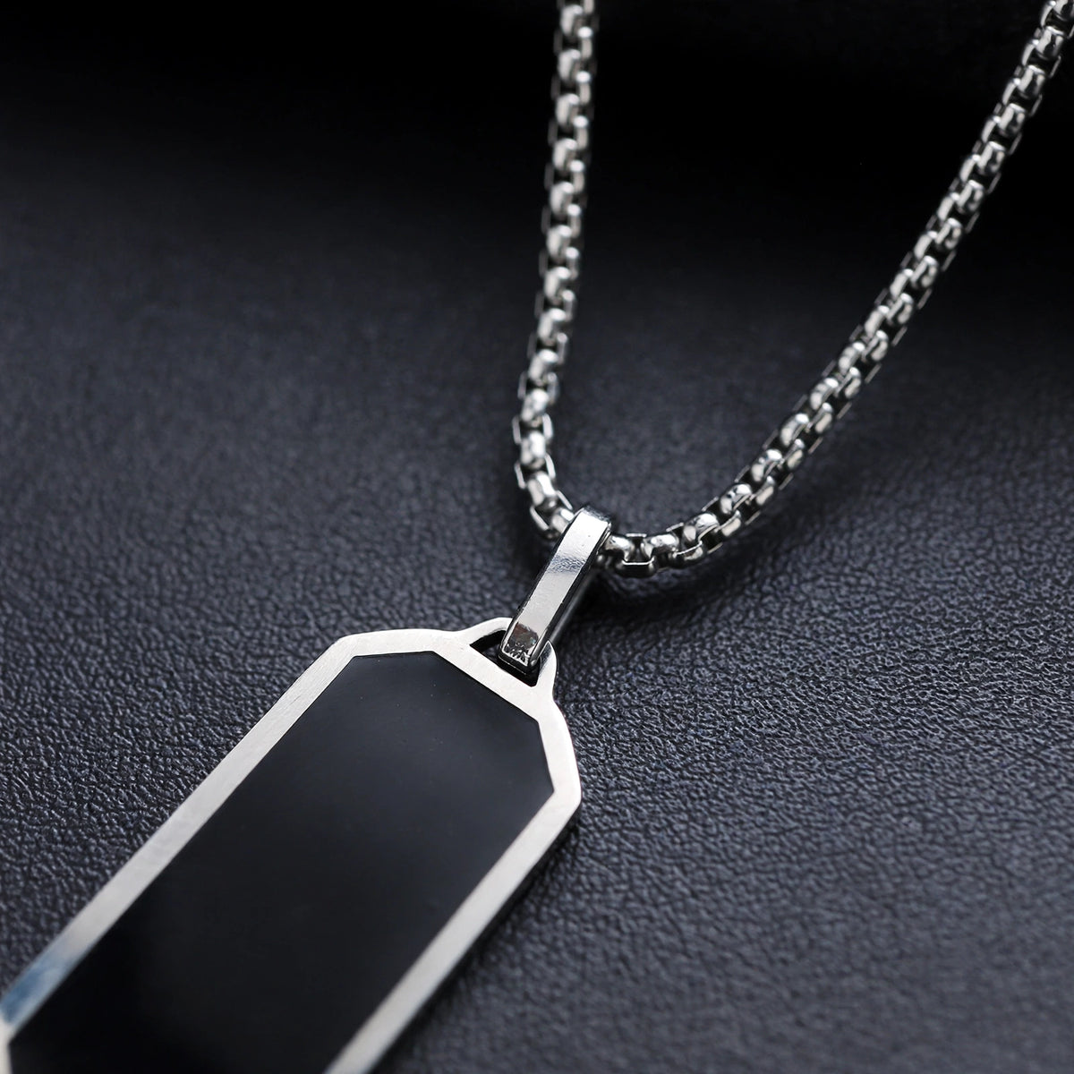 Silver-Tone Box Chain Necklace with Black Enamel Inlay - close-up detail