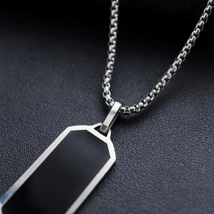 Silver-Tone Box Chain Necklace with Black Enamel Inlay - close-up detail