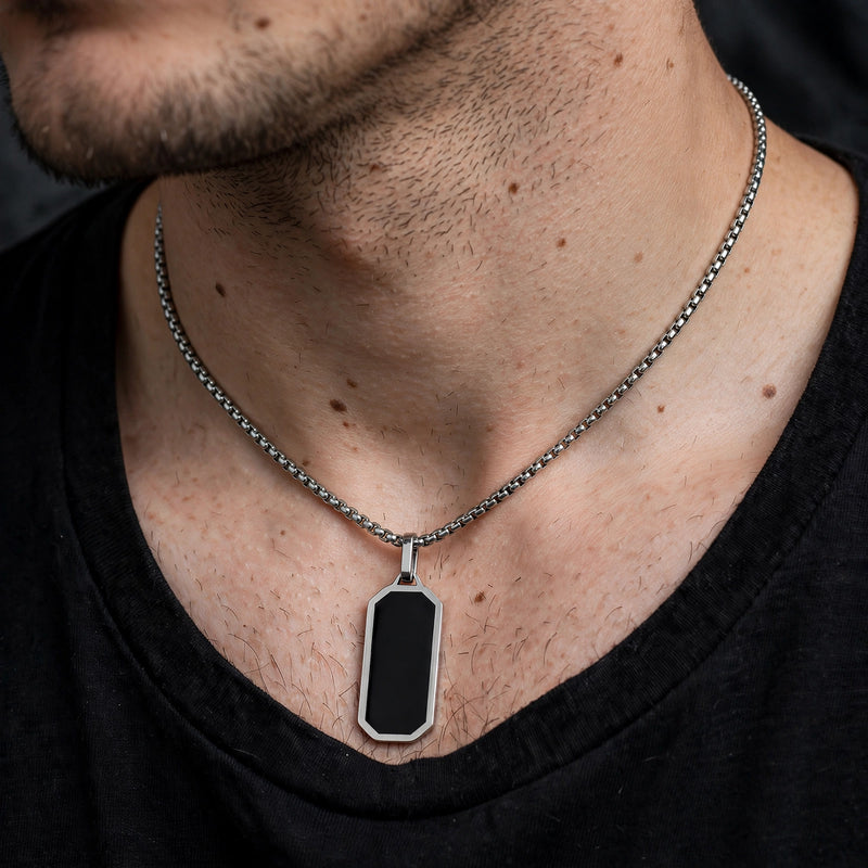 Silver-Tone Box Chain Necklace with Black Enamel Inlay - worn on model