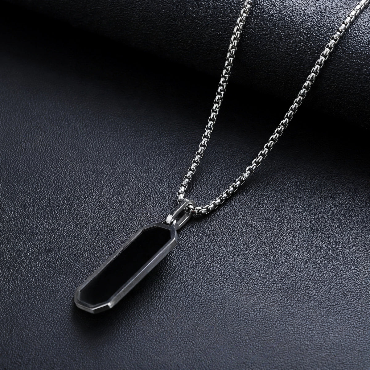 Silver-Tone Box Chain Necklace with Black Enamel Inlay - side angle