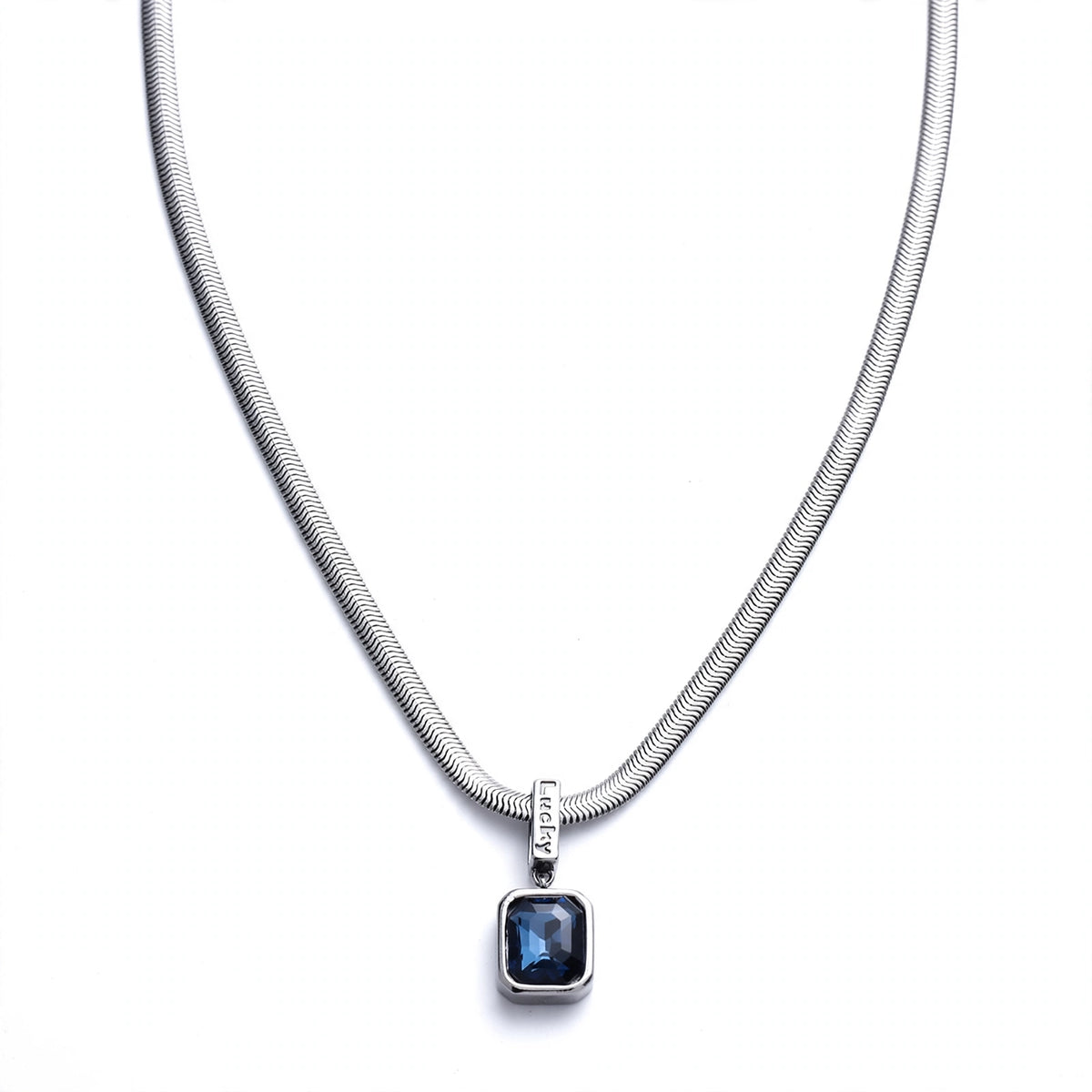 Silver-Tone Snake Chain Necklace With Blue Crystal Pendant - main product image