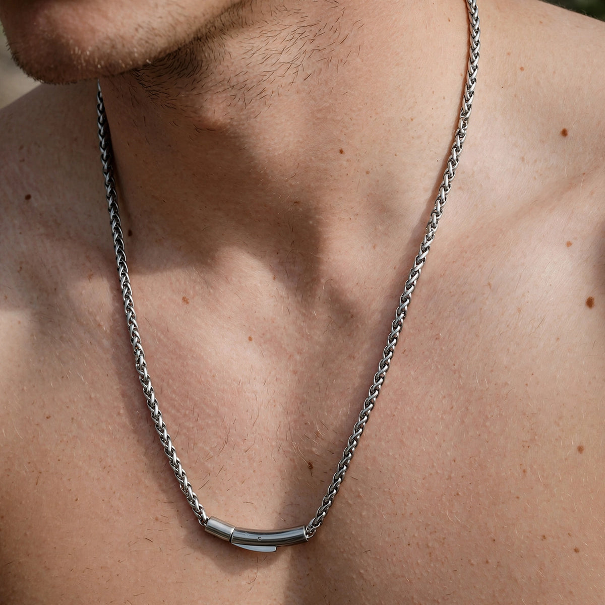 Silver-Tone Wheat Chain Necklace With Barrel Clasp - worn on model