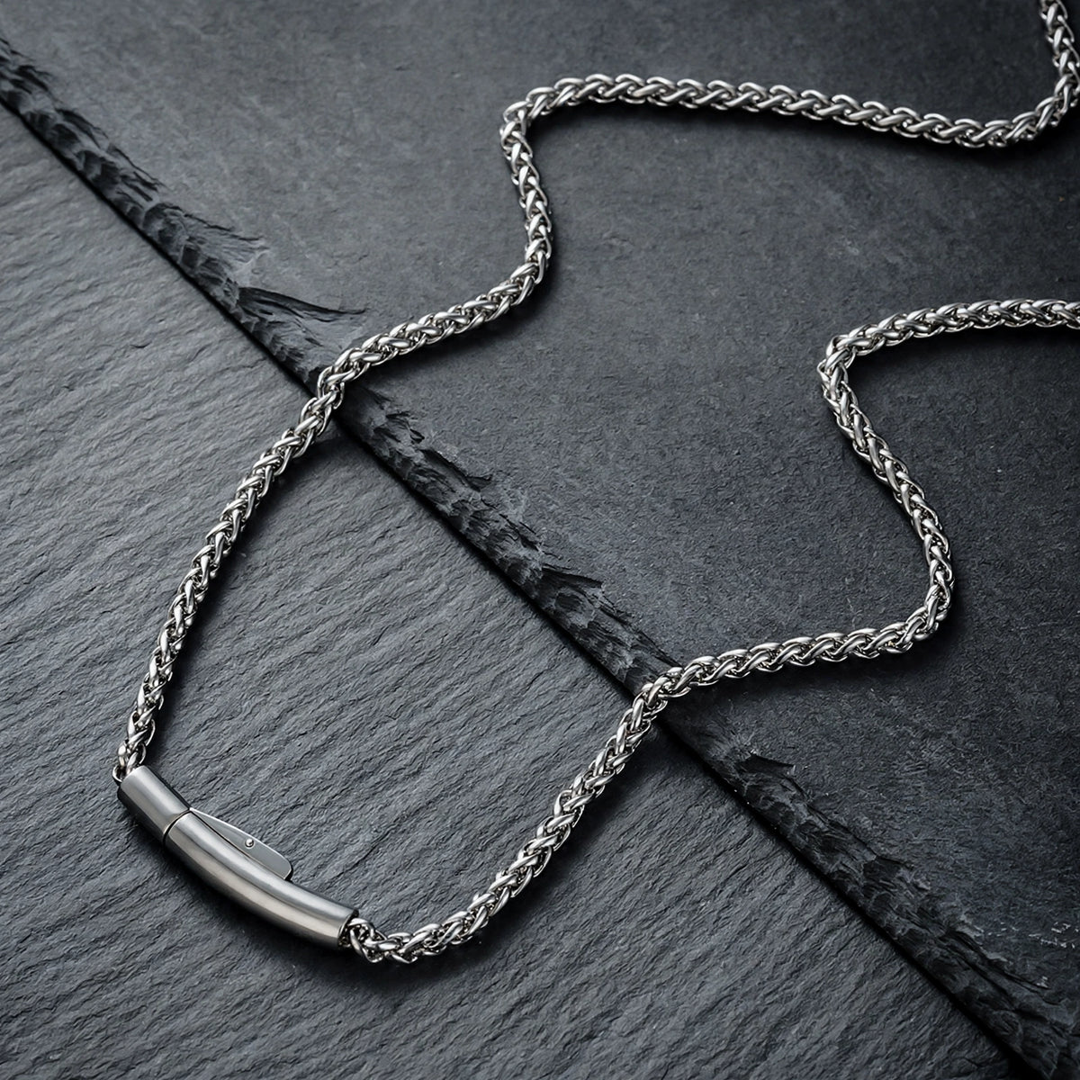 Silver-Tone Wheat Chain Necklace With Barrel Clasp - side angle