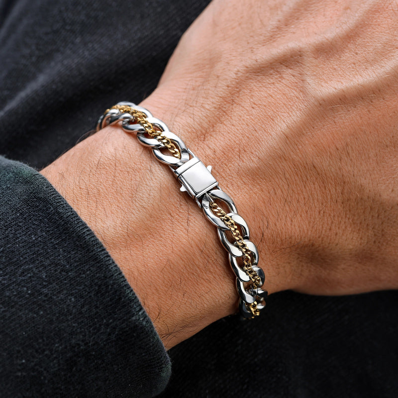 Silver-Tone and Gold-Tone Double Curb Chain Bracelet - worn on model