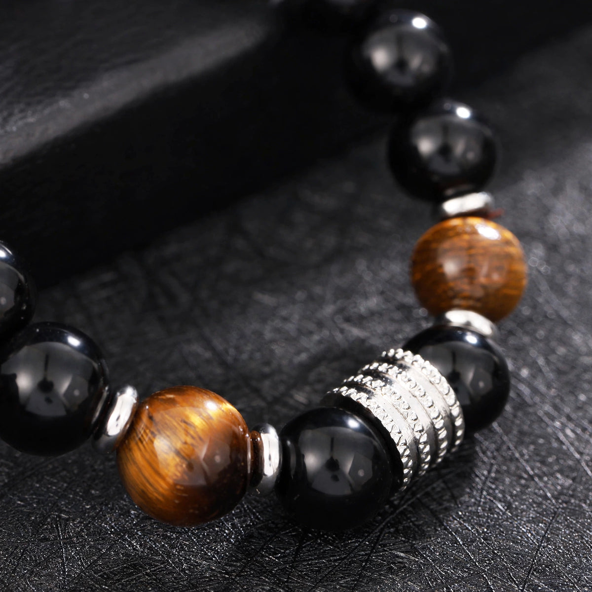 Black Beaded Bracelet with Tiger Eye and Fluted Spacer - close-up detail