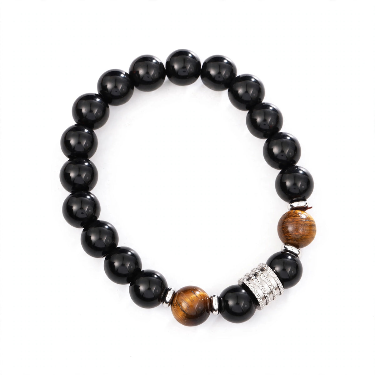 Black Beaded Bracelet with Tiger Eye and Fluted Spacer - main product image