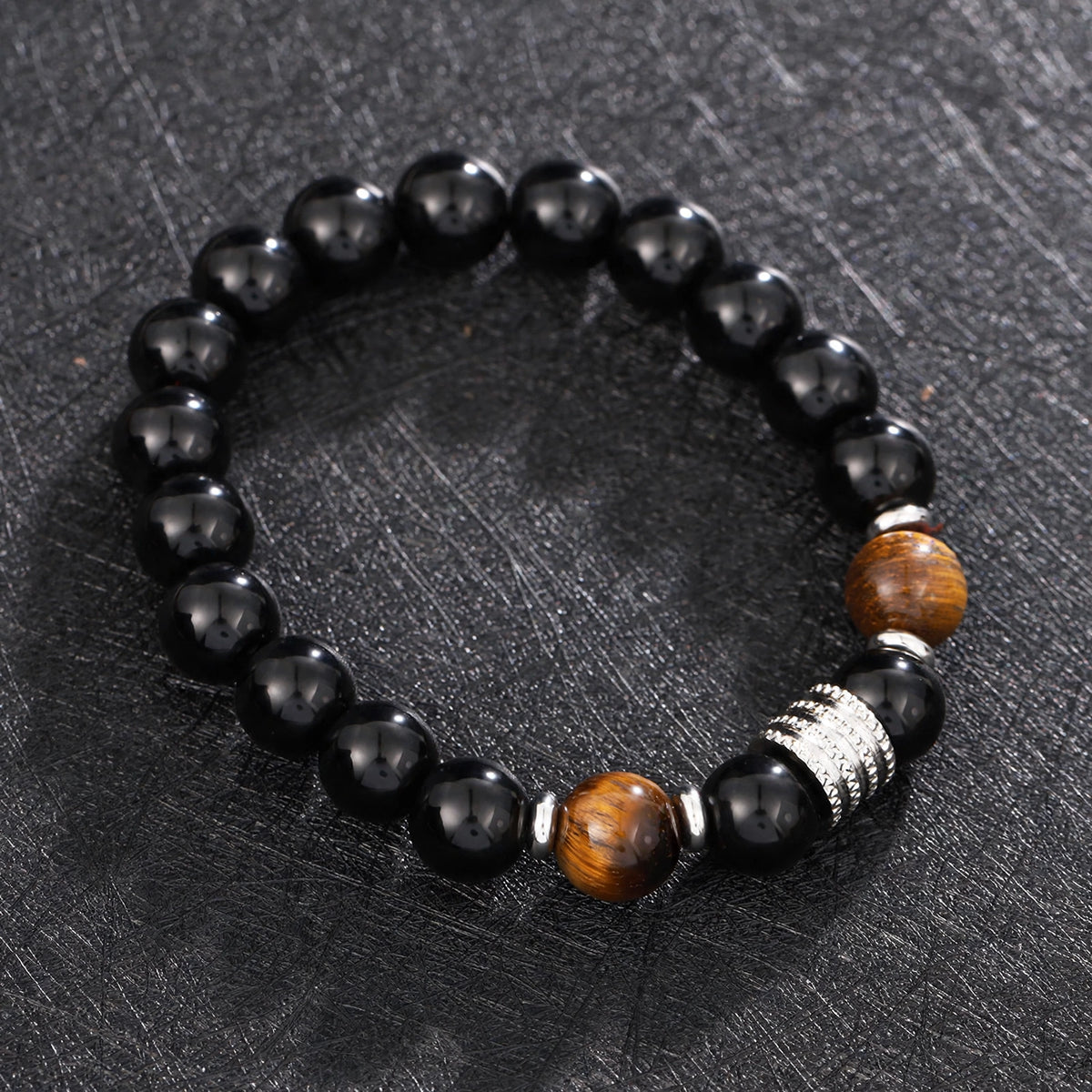 Black Beaded Bracelet with Tiger Eye and Fluted Spacer - side angle