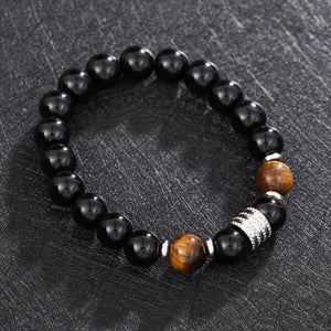 Black Beaded Bracelet with Tiger Eye and Fluted Spacer - side angle