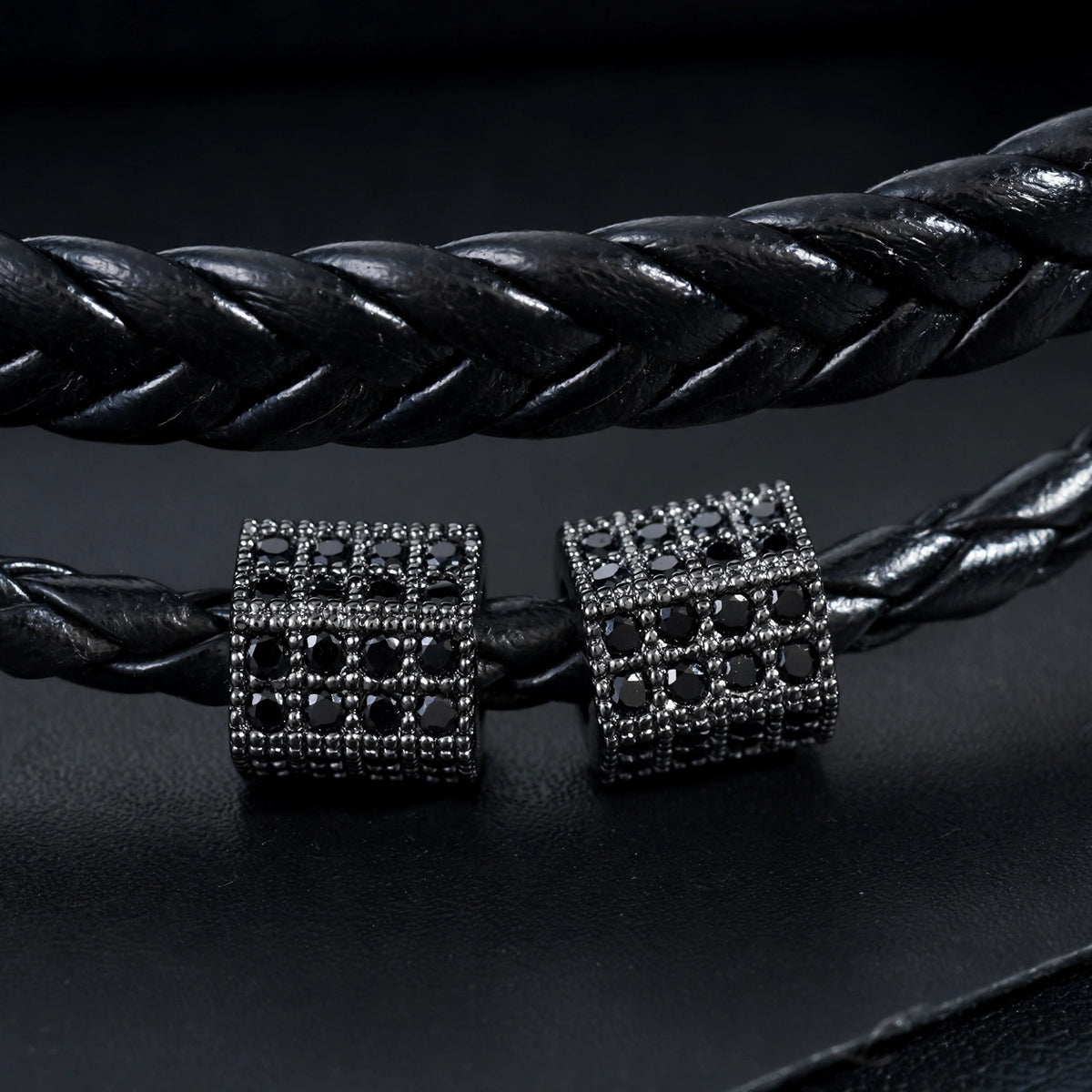 Black Leather Cord Bracelet with Pave-Set Beads - close-up detail